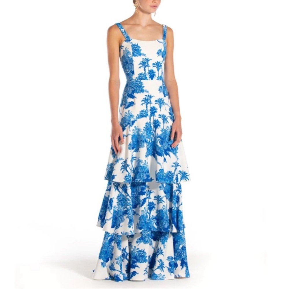 Tropical Blue and White Tiered Maxi Dress